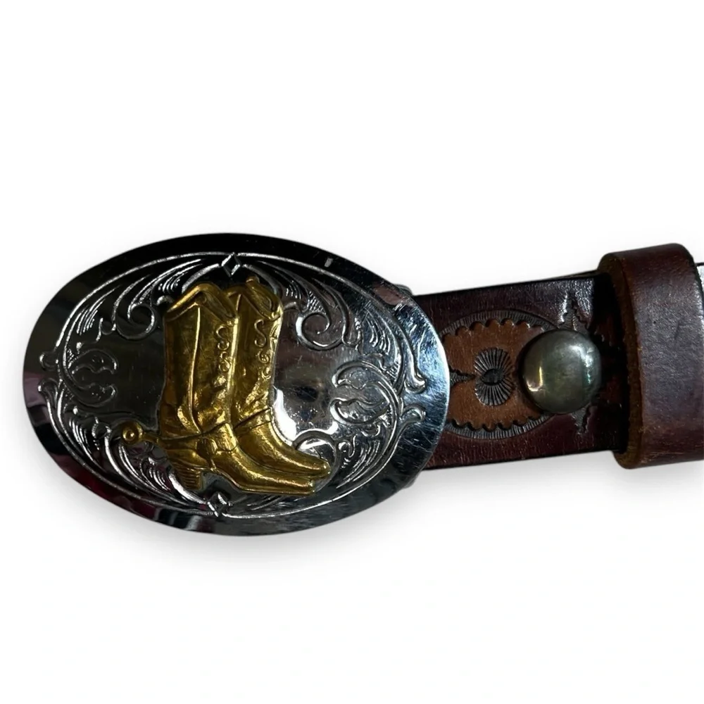 Vtg Chambers Tooled Leather Cowboy Boot Western Aztec Southwest Buckle Belt 39”‎